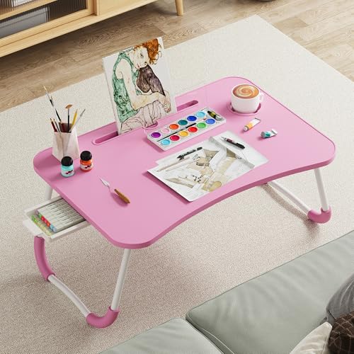 Lap Desk Bed Trays for Eating and Laptops Breakfast in Bed Tray for Sofa/Couch/Study/Reading/Writing with Cup Holder/Drawer On Low Sitting Floor Large Portable Foldable (Pink) - color: Pink