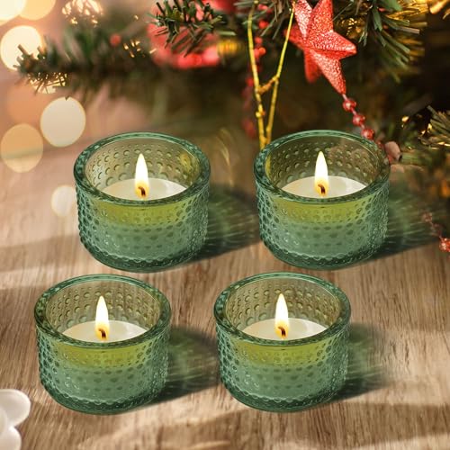 JOYIT Green Votive Candle Holders Bulk Set of 4, Tealight Candle Holder for Wedding Table Centerpiece, Glass Small Candle Holders for Birthday Party, Valentine's Day, Home Decor (2''X 1.4'') - color: Embossed_green