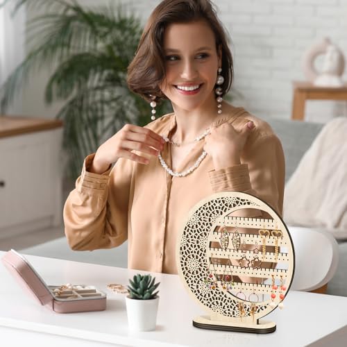 Kathfly Large Boho Moon Earring Display Stand for Mother's Gift 10 Inch Wooden Floral Goth Earrings Stud Jewelry Holder Organizer Dangle Hanging Holder Gift for Women(Wood Color) - color: Wood Color