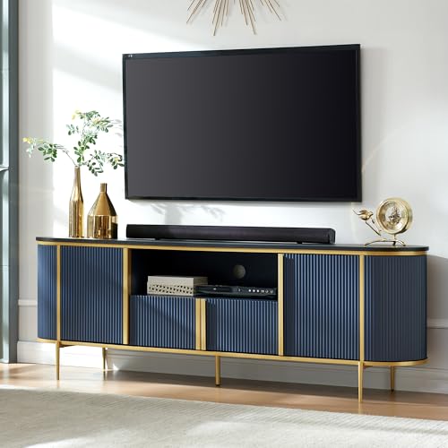 OKD Luxury 70" Fluted TV Stand, Modern Chic Entertainment Center for TVs Up to 80 inches, TV Console with Faux Marble Top, Curved Profile Design, Media Console for Living Room, Navy Blue - color: Navy Blue, size: 70" TV Stand without Fireplace