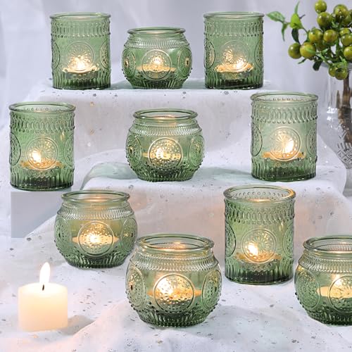 DARJEN 12Pcs Green Votive Candle Holders - Glass Tea Light Candle Holder for Wedding Shower, Candle Holder Bulks for Wedding & Home Table Decor, Vintage Parties Gifts - color: Green, size: 12 PCS