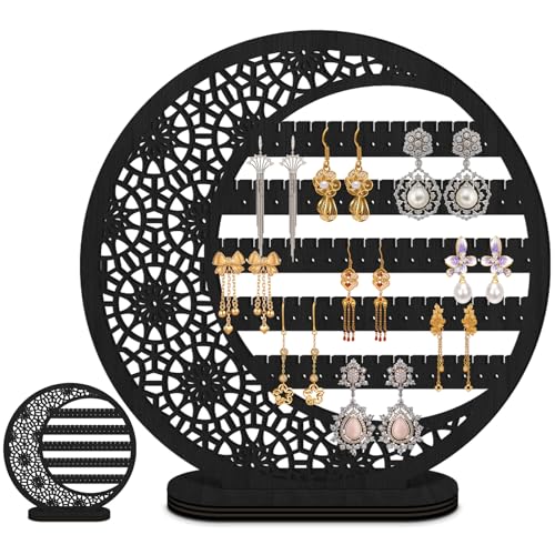 Kathfly Large Boho Moon Earring Display Stand for Mother's Gift 10 Inch Wooden Floral Goth Earrings Stud Jewelry Holder Organizer Dangle Hanging Holder Gift for Women(Black) - color: Black