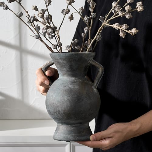 LUKA Antique Ceramic Vase with 2 Handle,9.25 inches Rustic Vase Minimalist Decor, Decorative Vases for Home Decor, Table, Living Room, Shelf, Christmas Decoration(Large,Black and Gold) - color: L-black and Gold(9.25 In)