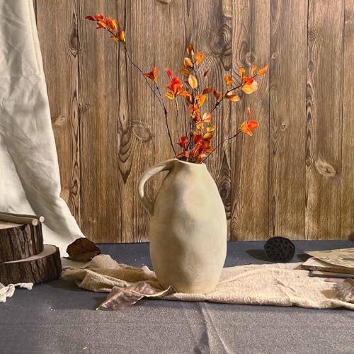 Vintage Handmade Ceramic Rustic Farmhouse Vase with Handle, Beige Terracotta Pottery Vase for Home Decor, Farmhouse Flower Vase for Living Room, Kitchen, Office Centerpiece, 10.3 Inch - color: Beige