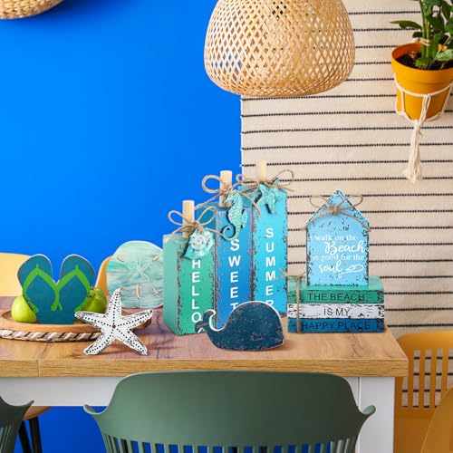 Vercraft 11 Pcs Summer Beach Table Decorations Ocean Tiered Tray Decor Summer Centerpiece Decorative Wood Books Table Top Decor Starfish Wooden Sign for Home Party Supplies (Ocean) - style: Ocean