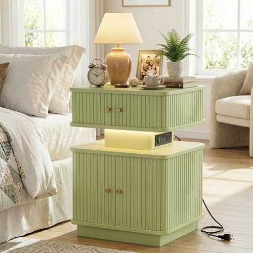 LED Light End Table with Charging Station, Green Mid Century Bedside Table with USB Type A C Ports, Small Fluted Accent TV Control Nightstand with 2 Sliding Door for Living Room, Curvy Edge - color: Green