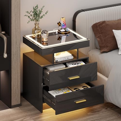LED Nightstand with Wireless Charging Station - Modern Night Stand with Lights, Glass Top Bedside Table with Drawers for Bedroom, Glossy End Table with Human Body Induction (Black) - color: Black 2 Drawers-glass Top