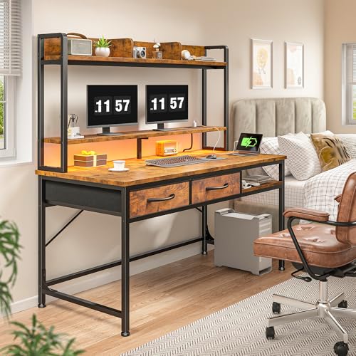 47.2"Office Desk with 2Drawers&Hutch,Computer Desk with Storage Rack&Monitor Stand,Gaming desk with LED&Power Outlet,Modern Study Writing Desk for Bedroom Home Office,Small Space,Rustic Brown - color: Brown, size: 18.9"D x 47.2"W x 61.1"H