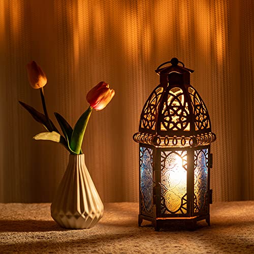 Vintage Candle Lantern, 12.8’’ Moroccan Style Decorative Metal Hanging&Tabletop Lantern, Ramadan Christmas Candle Holder Decorations for Home Outdoor Patio (Blue) - color: Blue - 12.8''h, size: Large