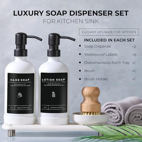[Luxury] Kitchen Soap Dispenser Set - 16OZ White Glass Bottle, Stainless Steel Pump, Instant Dry Tray, Waterproof Labels, Non-Slip Silicone Pad, and Dish Brush | Upgrade for Your Kitchen and Bathroom - color: White Bottle + Black Pump