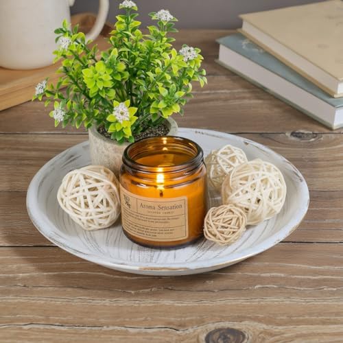 10-inch Candle Plate Holder Tray & 30-inch Wooden Bead Garland with Tassels, Farmhouse Decorative Tray, Rustic Country Home Decor - White - color: White