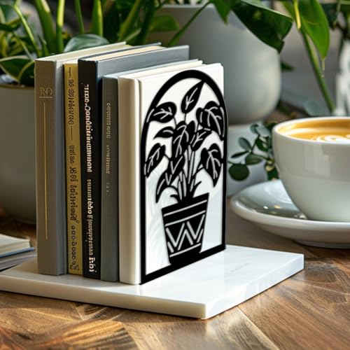 Peacoblue Metal Bookends for Shelves, Modern Decorative Heavy Duty Study Book Ends Stoppers for Office, Desk, Shelf, Room 5.3"x4.3"x7.9" Cast Iron Simple Tall Bookends 1 Pair (Potted Plants) - style: Potted Plants