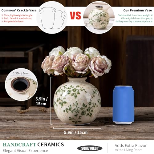 for Mom from Daughter or Son, Green Pastoral Round Ceramic Vase 5.9”, Vintage Floral Rustic Farmhouse Vase, Chinoiserie Tuscan Cottage Core Decor for Living Room, Office - color: 13-green and Beige