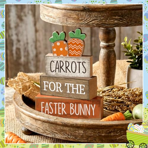 Lineshading 4 Pcs Easter Decor Wooden Carrot Decoration Easter Tiered Tray Decor Rustic Wooden Carrot Block Sign Carrots Table Centerpiece Farmhouse for Party Home Kitchen - style: Carrots