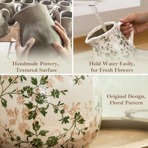 Ceramic Green and White Floral Vase with Handle, Rustic Farmhouse Pitcher Flower Vase, Chinoiserie Floral Vase for Home Decor, Living Room, Shelf, Office, Rustic Table Centerpiece 8 Inch - color: Green and White, size: Large Pitcher
