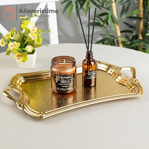 Alisveristime 2-Person Rectangular Metal Serving Tray – Ottoman Motif, (14.6" x 9", 13.1 oz) (Gold)