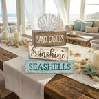 Yuntau 4 Pcs Summer Decorations for Home Shells Wooden Tabletop Decor Summer Tiered Tray Decor Rustic Wood Block Sign Gift Centerpiece Farmhouse Table for Shelf Office - style: Shells