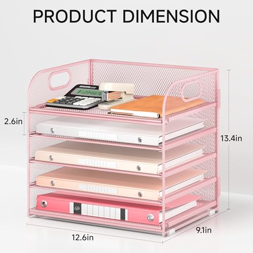5 Tray Paper Organizer Letter Tray with Handle - Mesh Desk File Organizer, Paper Sorter Organizer for Office, Home or School File Folder Holder - Pink - color: 5 Tier - Pink, size: 12.6" x 9.1" x 11.5"