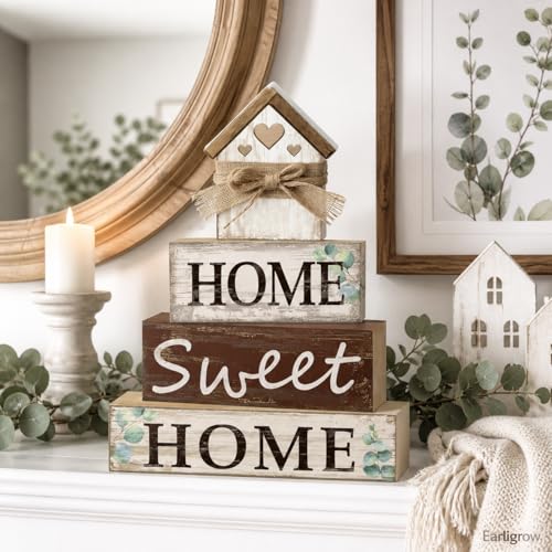 4 Pcs Farmhouse Tiered Tray Decor Home Sweet Home Rustic Wooden Tabletop Sign Neutral Heart House Shaped Shelf Mantle Kitchen Decoration Housewarming Gifts - style: Home