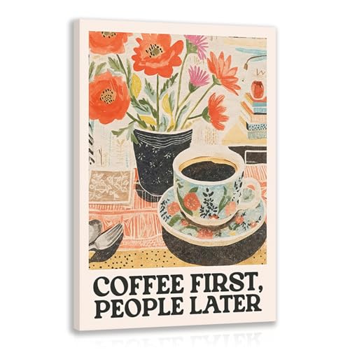 GELDSTEI Framed Retro Coffee Wall Art, Vintage Cafe Wall Decor, Coffee First People Later Canvas Painting, Classical Cafe Bar Poster Print for Kitchen Dining Room Home Office Ready to Hang 16x24 Inch - color: Retro, size: 24"L x 16"W