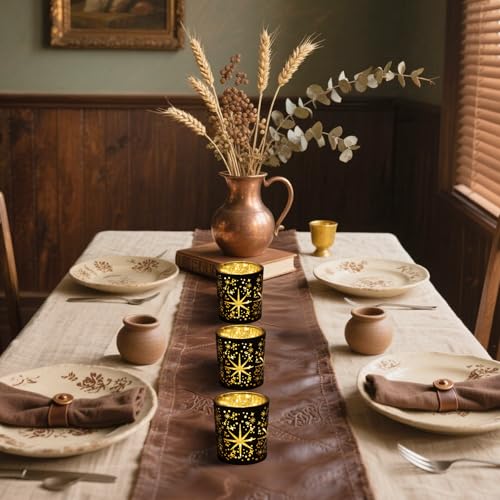 Votive Candle Holders Black and Gold, Glass Tealight Candle Holder Set of 3 with Stars Pattern, Vintage Tea Light Holders for Christmas Table Centerpiece Birthday Party Vanlentine's Day