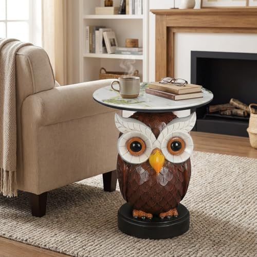 Artistic 3D Owl Sculpture End Table with Faux Marble Top,from Odorless Resin, Multi-Functional Accent Table for Living Room, Entryway, Stable Scratch-Resistant Design, No-Tool Assembly - color: Red Owl