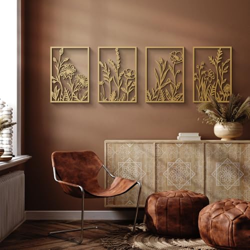 Glamativity 4 Pcs Black Abstract Flowers Metal Wall Art, Minimalist Floral Single Line Wall Décor, 3D Textured Sculptures, Rustic Nature Wall Art Décor for Living Room, Bedroom, Study (L Size 22.5x15.7'') - color: Black Abstract Flowers, size: L Size 22.5