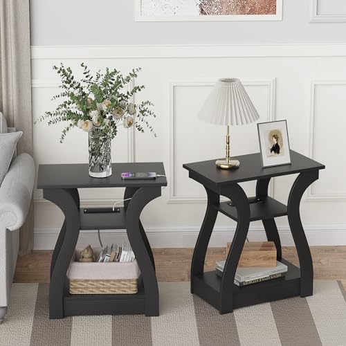 FROMJBEST End Table with Charging Station, Side Table with USB Ports and Outlets, Nightstand, 3 Tier End Table with Storage Shelf for Living Room, Bedroom (Black) - color: Black