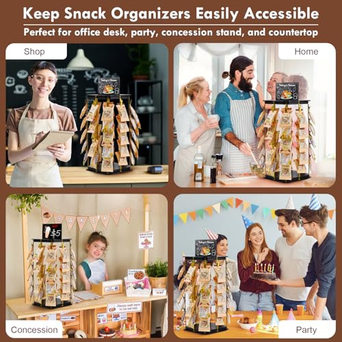 Pinzoveco Chip Rack Display Stand, 5 Tiers 40 Clips Snack Organizer for Office Desk, 360° Rotating Wooden Base Chip Holder Candy Display for Concession Stand, Countertop, Party, With Message Board - color: Black & Gold