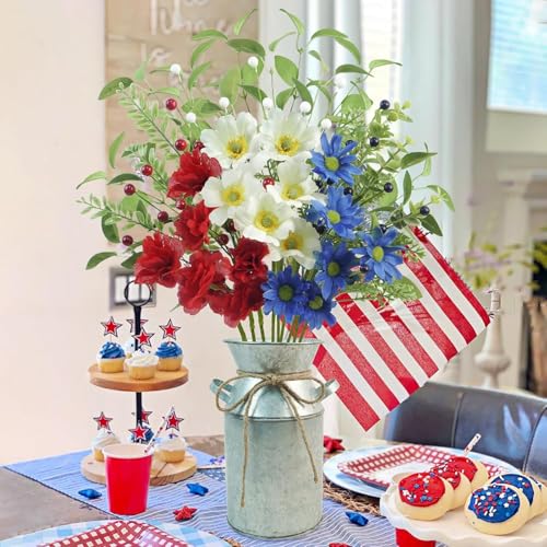 Krissing 4th of July Artificial Flowers with Vase, 20“ Patriotic Fake Flower in Vase Red White and Blue Flowers for 4th of July Centerpiece Decorations Cemetery Flowers for Independence Memorial Day - color: Red&white&blue