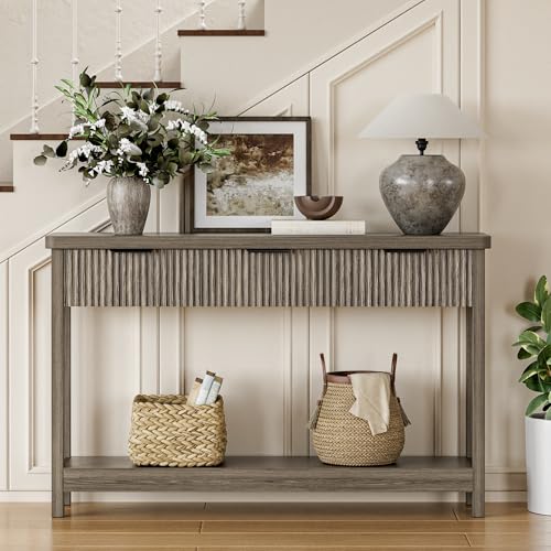 Lulive 51" Fluted Console Table for Entryway, Wooden Entryway Table with 3 Wooden Drawers, Farmhouse Behind Sofa Table for Living Room, Hallway, Couch, Foyer - color: Dark Gray