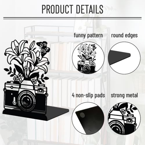 WADORN 1 Pair Camera Flowers Decorative Bookends for Shelves, Retro Heavy Duty Metal Book Ends Black Novelty Non-Skid Black Book Stopper for Library Home Office Dorm Reading Room, 5.3x4.3x7.9 Inch - color: Camera Flowers