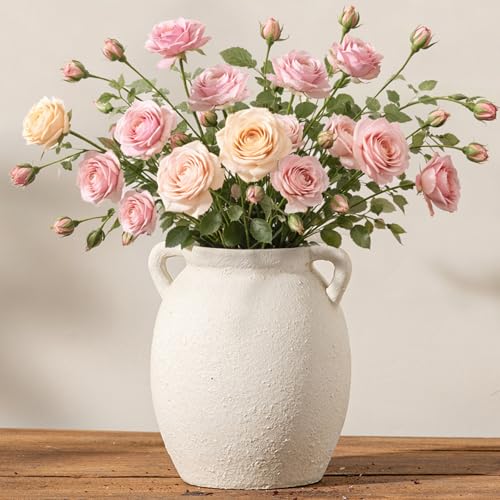 Dobbyby Ceramic Flower Vase 7.6 inch Farmhouse Rustic Vase Decorative Pottery Terracotta Vases for Home Decor Table Mantle Fireplace Living Room Bathroom Wedding Centerpiece (White-Upgraded) - color: M-antique Off White