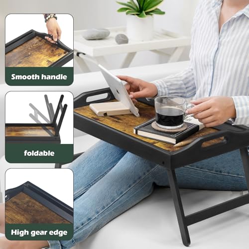 Tray Table for Bed, Bamboo Breakfast Serving Tray with Folding Legs and Handles, Laptop and Snack Bed Table with Cross Bar & Media Slot, Dark Brown with Black Legs, for Bedroom, Sofa, Kitchen - style: 1 pack（Dark brown with black legs）
