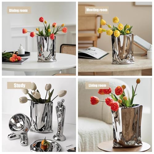 Ceramic Silver Flower Vase, Crinkle Paper Shape, Metal Decorative Home Accent (Large) - size: Large