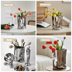 Ceramic Silver Flower Vase, Crinkle Paper Shape, Metal Decorative Home Accent (Large) - size: Large