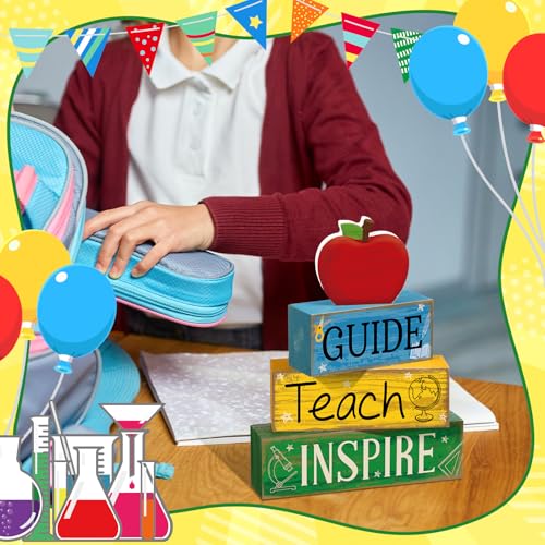 Yuntau 4 Pcs Teacher Appreciation Gift Wooden Table Decoration Apple Tiered Tray Decor Guide Teach Inspire Teacher Appreciation Gift Apple Block Sign Centerpiece Decor for Office Classroom - style: Apple