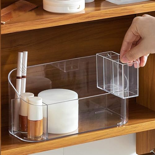 LINFIDITE Makeup Organizer Tray Bathroom Cabinet Cosmetic Storage with 9 Compartments 2 Removable Dividers Lipgloss Organizer Makeup Display Tray Case for Beauty Essentials Crystal Clear