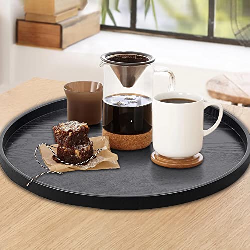 Round Solid Wood Serving Tray Extra Large Tea Coffee Snack Food Meals Serving Plate Non-Slip Kitchen Party Bar Server Ottoman Tray Breakfast Tray with Raised Edges (13inch/33cm) Black - size: 13"