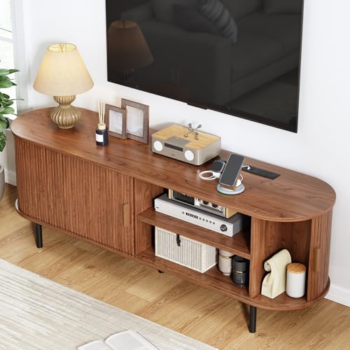 63" Fluted TV Stand with Power Outlet, Modern Media Console with Sliding Doors, Entertainment Center for TVs up to 60 Inch, Adjustable Shelves, Walnut - color: Walnut, size: 63 Inch