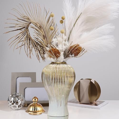 Ginger Jar, White Gold Ceramic Vase Large Handmade Porcelain Vases with Lid, White Gold Decorative Flower Vase for Home, Living Room, Weddings, Centerpieces (B-Medium) - size: B-Gold-Medium