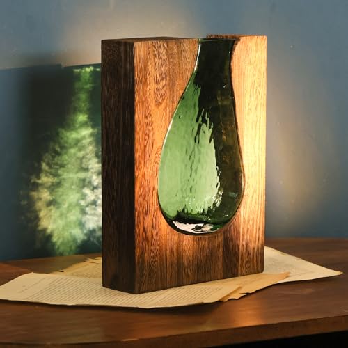 Wood and Glass Inlay Vases Farmhouse Wooden Glass Flower Vase Solid Wood Glass Vase Home Decor Vases for Centerpiece (9.29 Inches) - size: 9.29 Inches