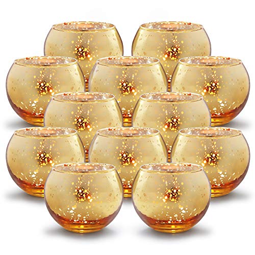 Volens Round Gold Votive Candle Holders, Mercury Glass Candle Holder Set of 12, Wedding Decorations for Table - color: Gold
