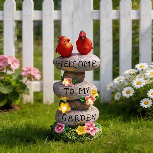 TERESA'S COLLECTIONS Garden Statues with Outdoor Solar Lights for Garden Decor, Cardinal Birds Welcome Yard Sign Rocks & Flower Resin Valentines Decorations, Gifts for Mom Yard Decor, 11"