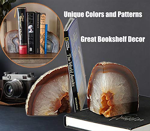 AMOYSTONE Agate Bookends for Shelf Decorative Geode Book Ends for Heavy Books Crystal Bookends for Shelves Nature Brown Small(1 Pair, 2-3 LBS) - color: Nature, size: 2-3LBS