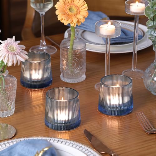 DARJEN Blue Ribbed Tealight Votive Candle Holders- 6Pack Glass Candle Holders for Table Centerpiece, Wedding Decor, Home Decor, Party Dinner - color: Blue, size: 6Pcs