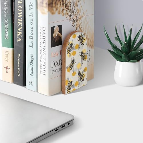 Bees Yellow Gray Honeycomb Book Ends Decorative Wood Bookends for Shelves Kids Room Desk Home Office Book Stoppers for Books, DVDs, 1 Pair/2 Pieces(5x3.1 in) - color: Bees Yellow Gray Honeycomb