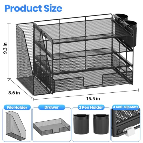 OPNICE Desk Organizer, 4-Tier Desktop File Organizer with Drawer and 2 Pen Holders, Office Desk Accessories, File Sorters, Workspace Organizers for Office Supplies(Black-2pack) - color: Black, size: 4-Tier 2 Pack