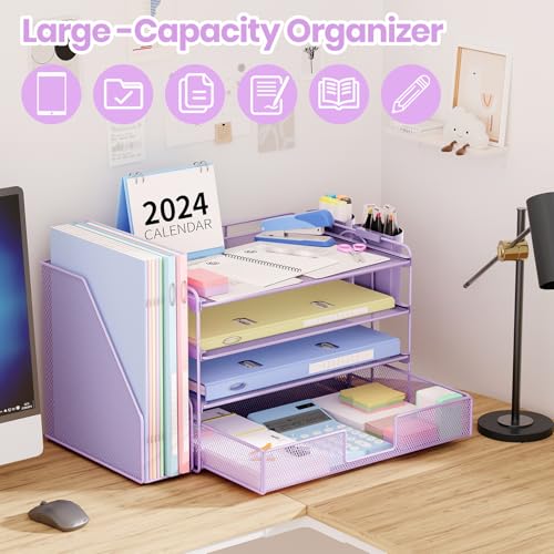 OPNICE Desk Organizer, 4-Tier Desktop File Organizer with Drawer and 2 Pen Holders, Office Desk Accessories, File Sorters, Workspace Organizers for Office Supplies(Purple) - color: Purple, size: 4-Tier