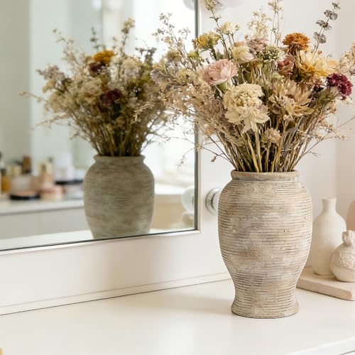 9" Ceramic Vase for Flowers - 100% Waterproof Farmhouse Rustic Flower Vase, Hand-Finished Ribbed Textured Decorative Vase, Distressed Oatmeal Pottery for Modern Home Decor, Mantel, Shelf
